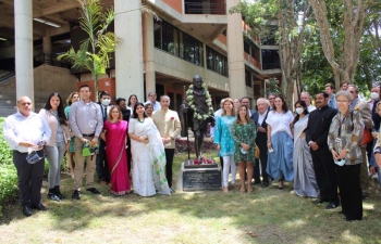 Amb Abhishek Singh and Mrs Veronica Guruceaga, President of 'Mahatma Gandhi Venezuela' paying tribute at the statue of Mahatma Gandhi at Universidad Metripolitana in Caracas on the occasion of the 152nd birth anniversay of Mahatma Gandhi